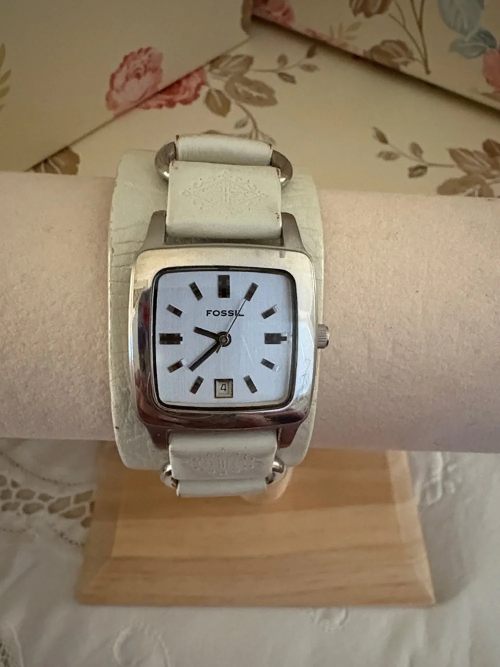 Fossil White Leather Strap Square Dial Watch